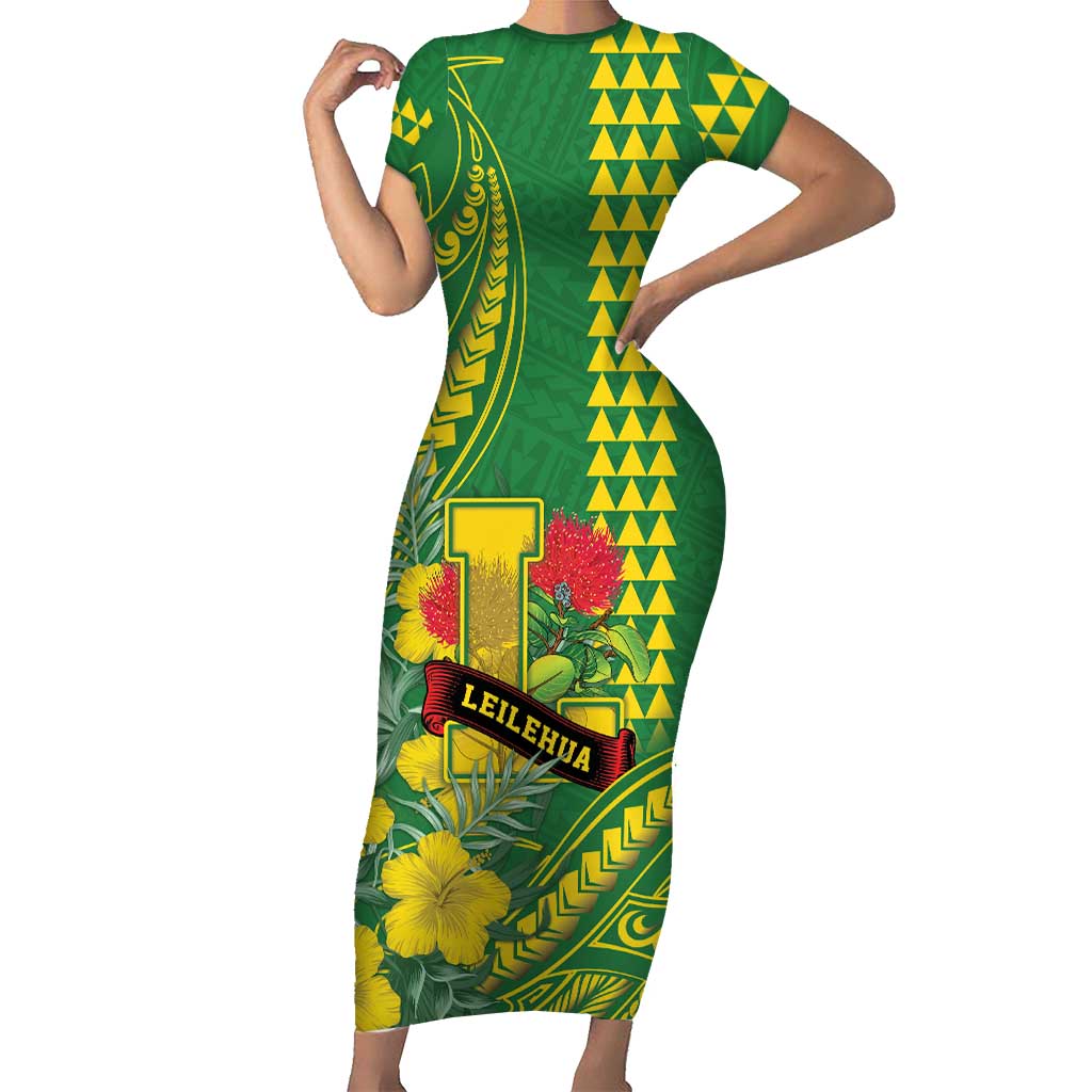 Personalised Hawaii Leilehua High School Short Sleeve Bodycon Dress Tribal Tattoo With Hibiscus Flowers