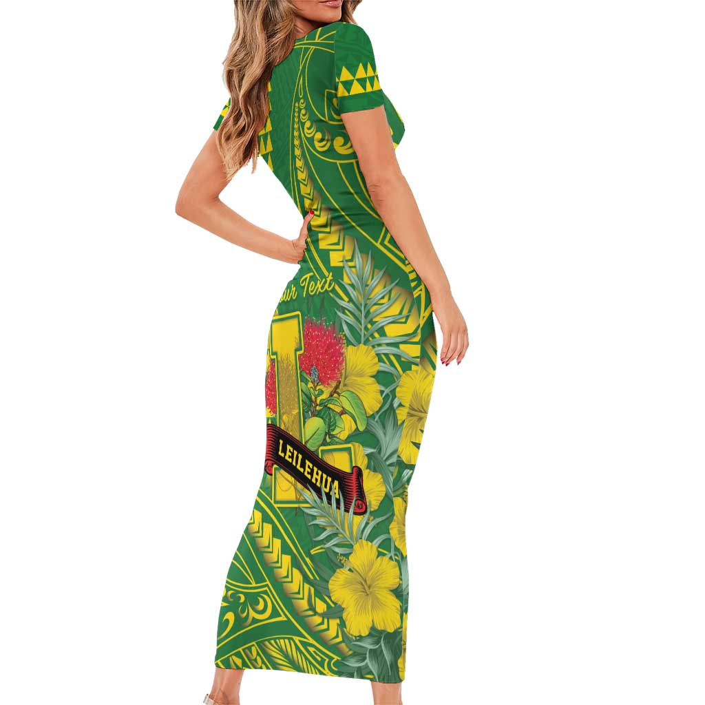 Personalised Hawaii Leilehua High School Short Sleeve Bodycon Dress Tribal Tattoo With Hibiscus Flowers