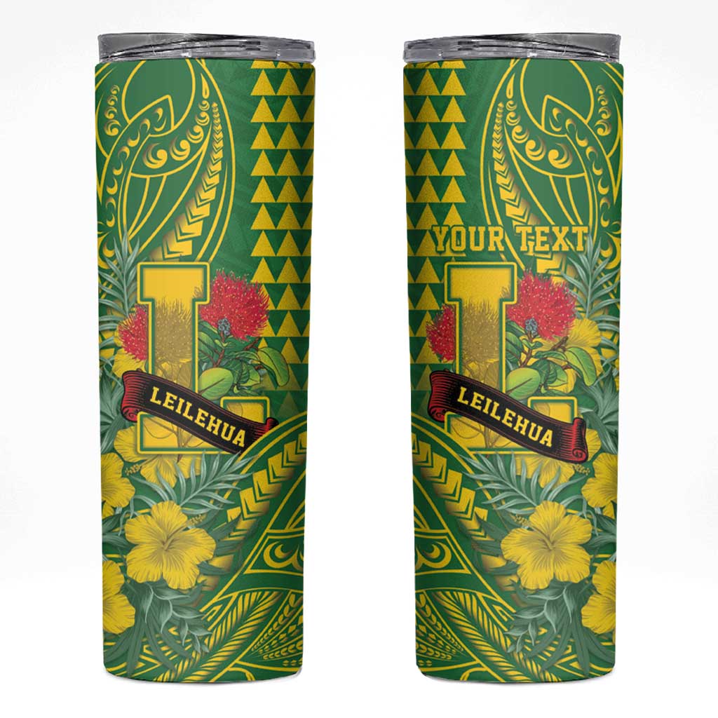 Personalised Hawaii Leilehua High School Skinny Tumbler Tribal Tattoo With Hibiscus Flowers LT05 Green - Polynesian Pride