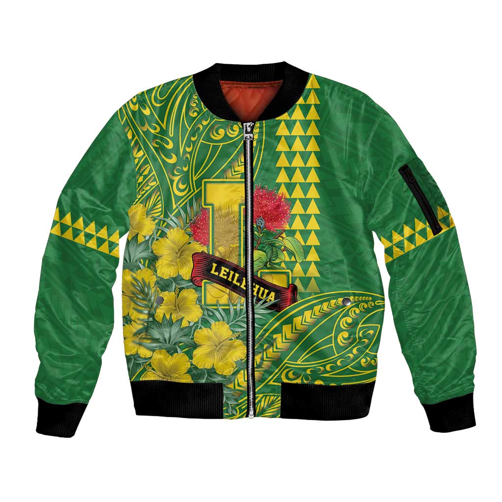Personalised Hawaii Leilehua High School Sleeve Zip Bomber Jacket Tribal Tattoo With Hibiscus Flowers LT05 Unisex Green - Polynesian Pride
