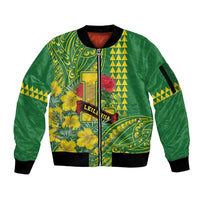 Personalised Hawaii Leilehua High School Sleeve Zip Bomber Jacket Tribal Tattoo With Hibiscus Flowers LT05 Unisex Green - Polynesian Pride