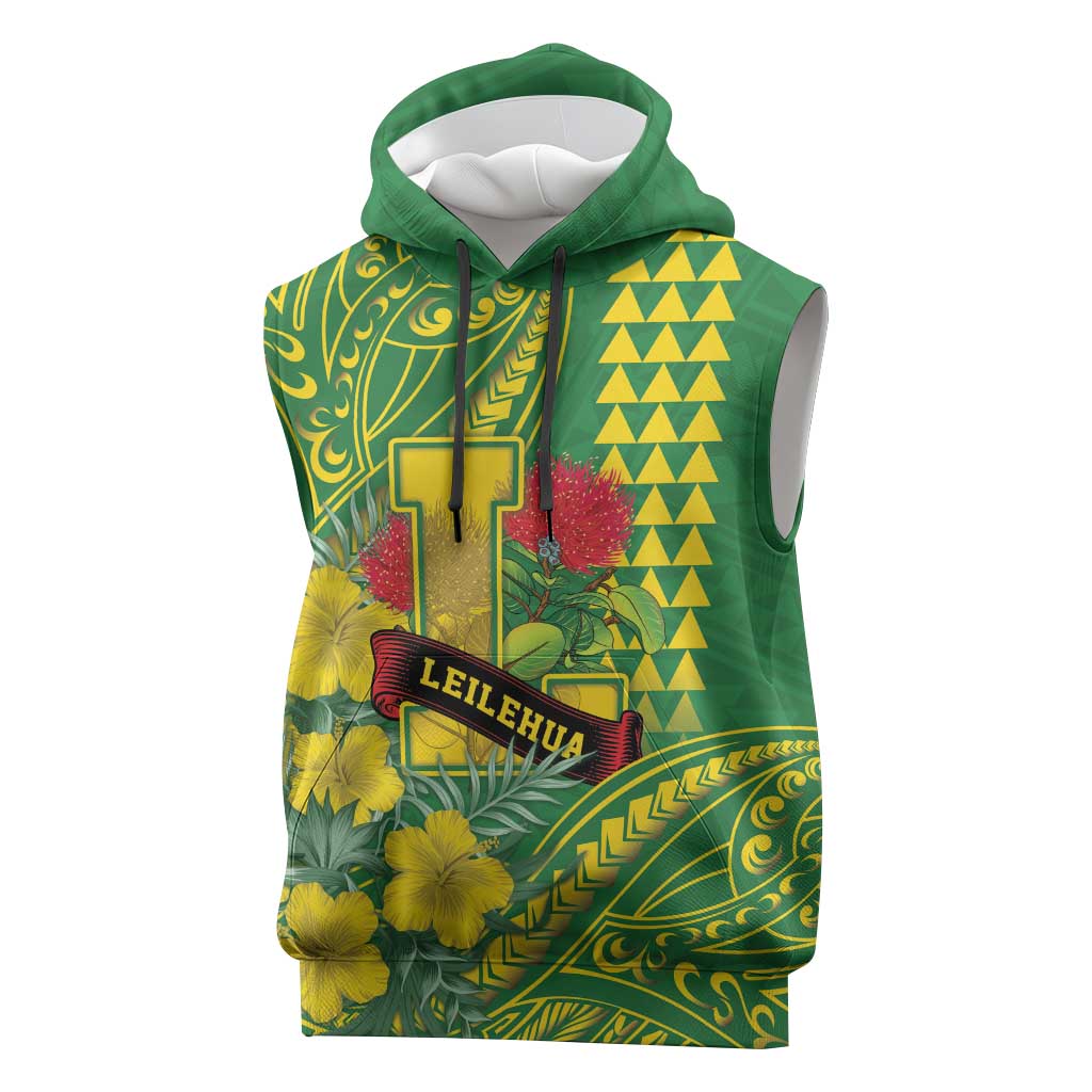 Personalised Hawaii Leilehua High School Sleeveless Hoodie Tribal Tattoo With Hibiscus Flowers LT05 Green - Polynesian Pride