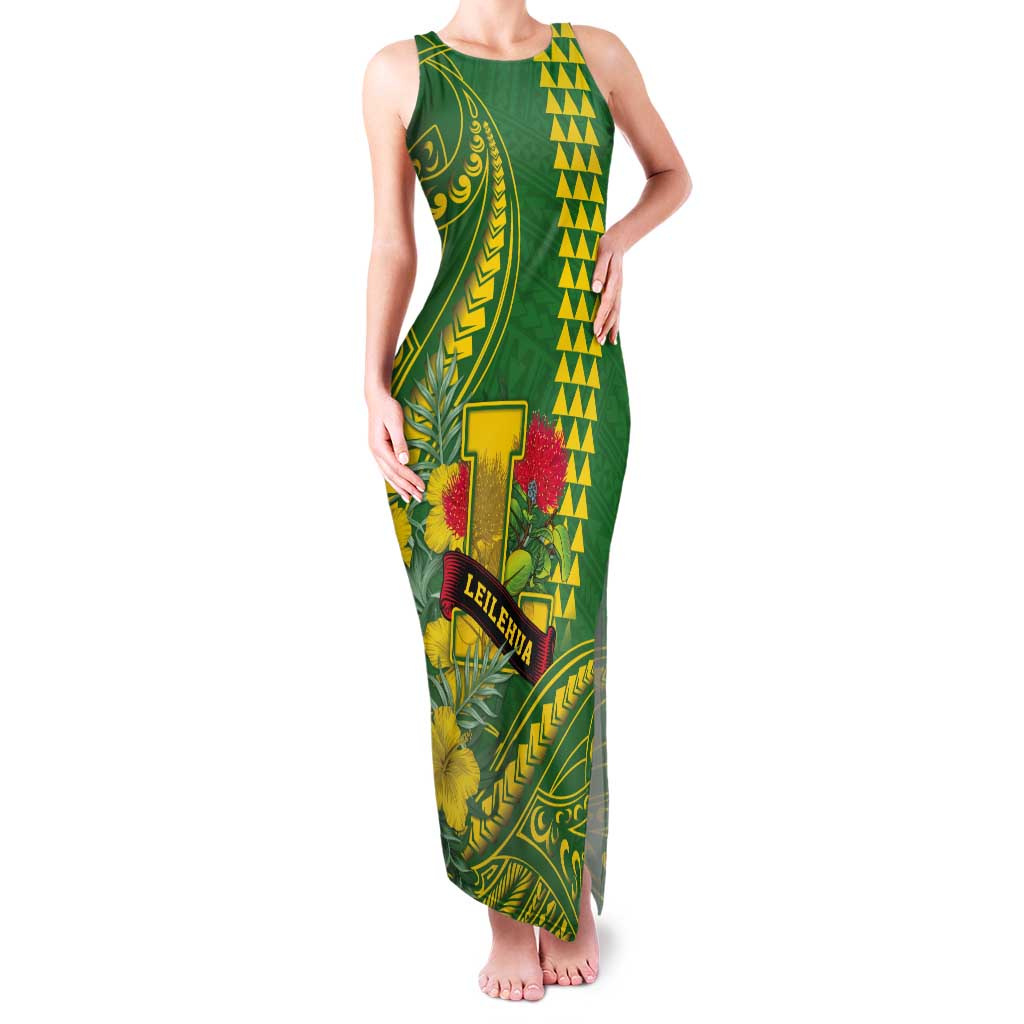 Personalised Hawaii Leilehua High School Tank Maxi Dress Tribal Tattoo With Hibiscus Flowers LT05 Women Green - Polynesian Pride