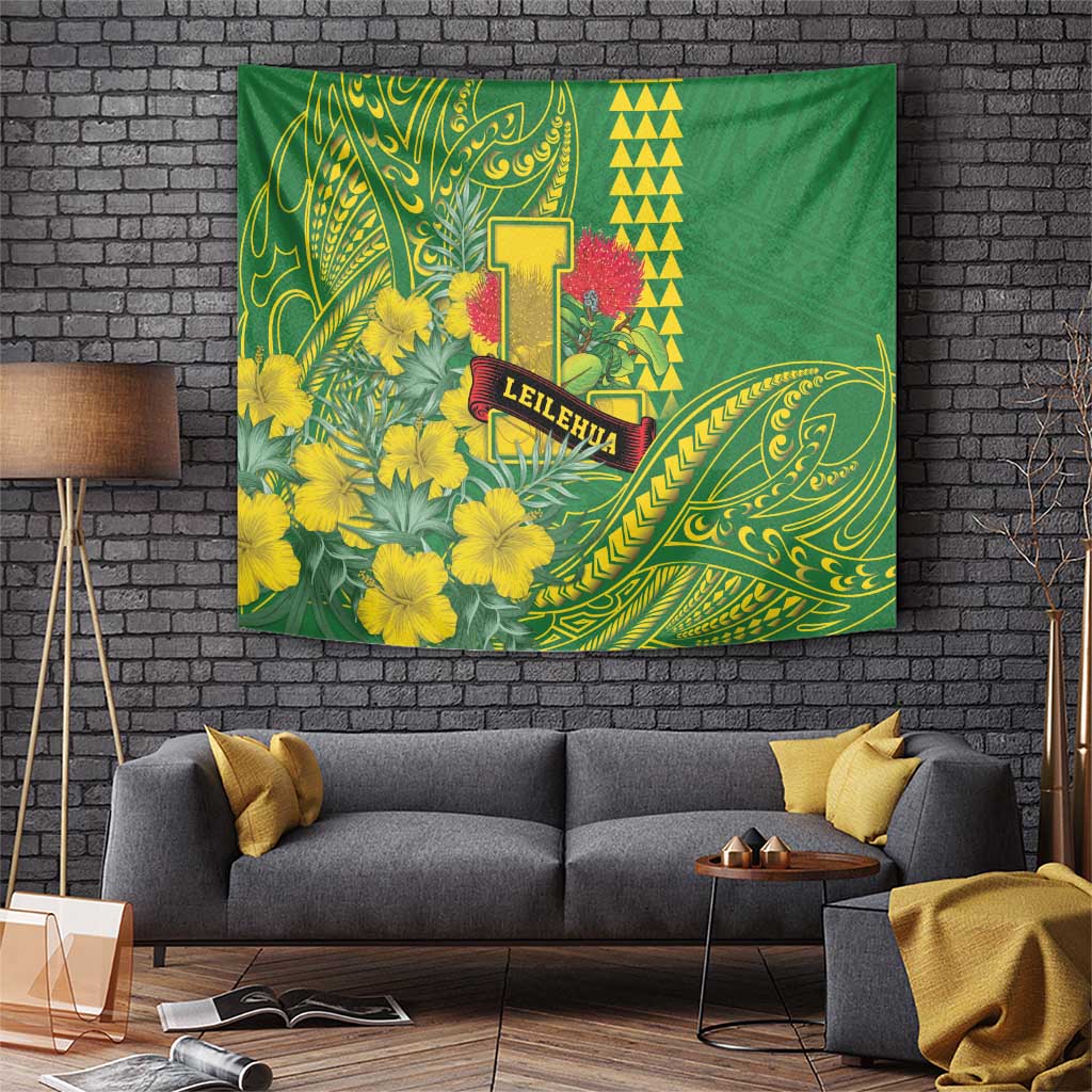 Hawaii Leilehua High School Tapestry Tribal Tattoo With Hibiscus Flowers LT05 Green - Polynesian Pride