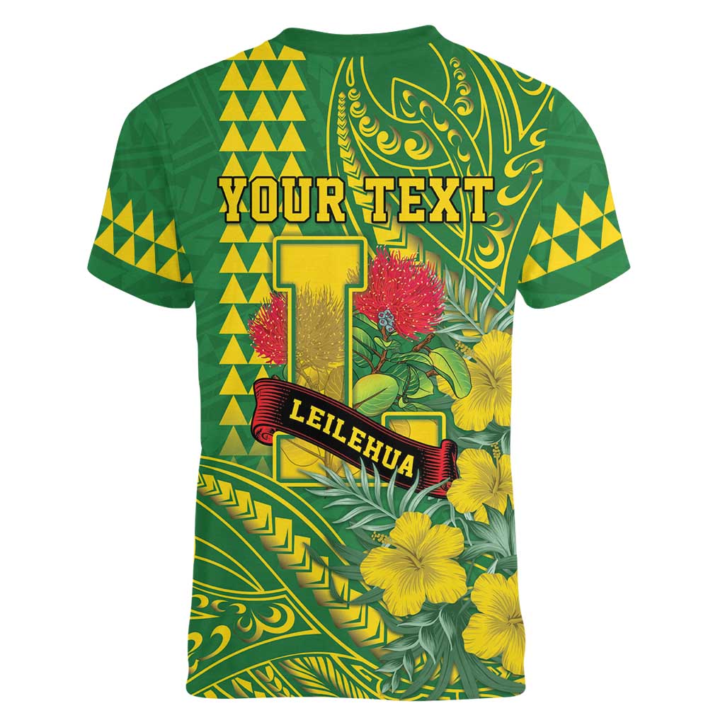 Personalised Hawaii Leilehua High School Women V-Neck T-Shirt Tribal Tattoo With Hibiscus Flowers