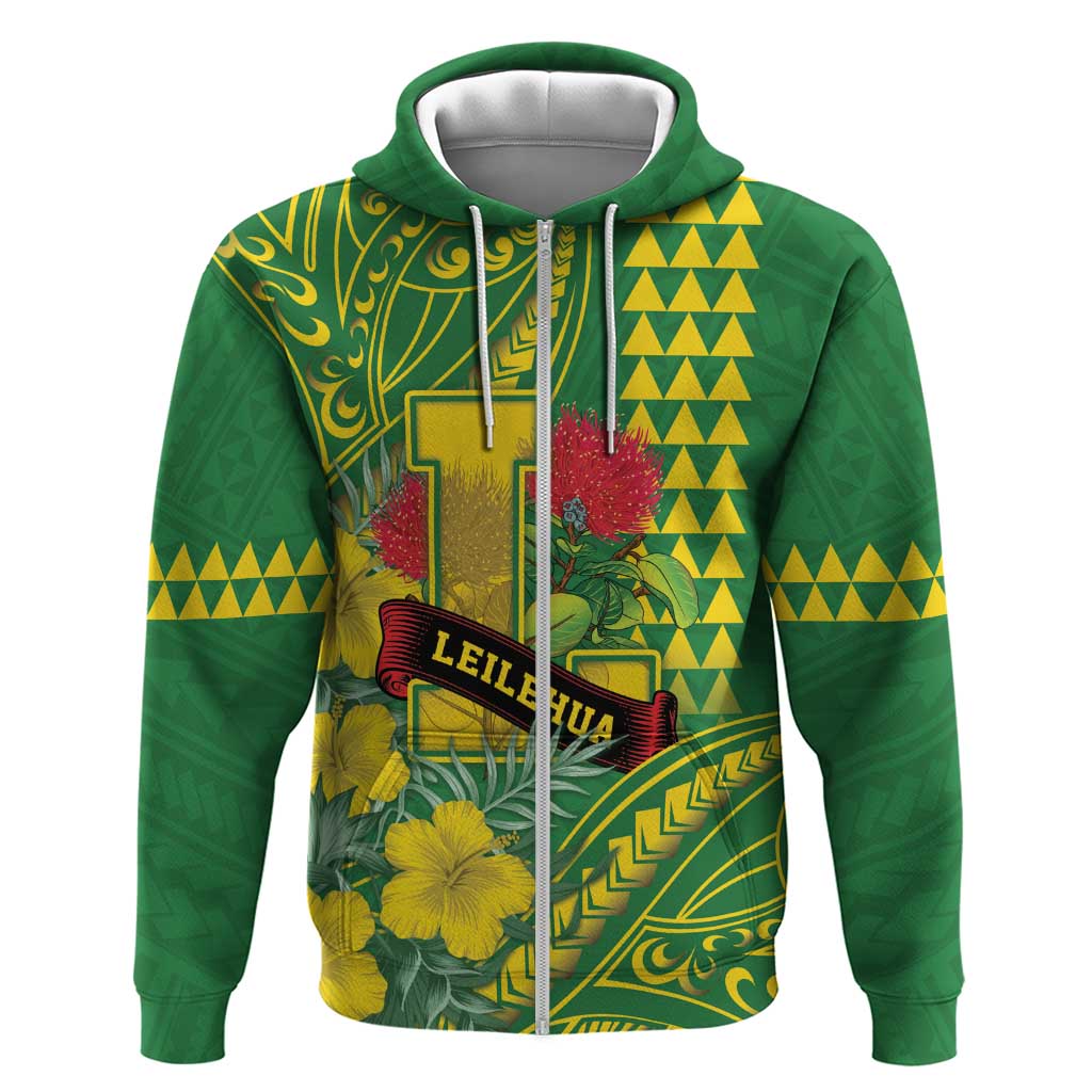 Personalised Hawaii Leilehua High School Zip Hoodie Tribal Tattoo With Hibiscus Flowers LT05 Zip Hoodie Green - Polynesian Pride