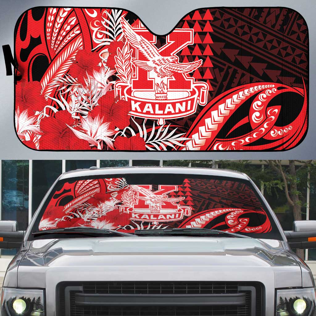 Hawaii Kalani High School Auto Sun Shade Tribal Tattoo With Hibiscus Flowers LT05 Red - Polynesian Pride