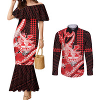 Personalised Hawaii Kalani High School Couples Matching Mermaid Dress and Long Sleeve Button Shirt Tribal Tattoo With Hibiscus Flowers