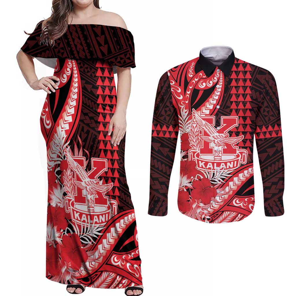 Personalised Hawaii Kalani High School Couples Matching Off Shoulder Maxi Dress and Long Sleeve Button Shirt Tribal Tattoo With Hibiscus Flowers