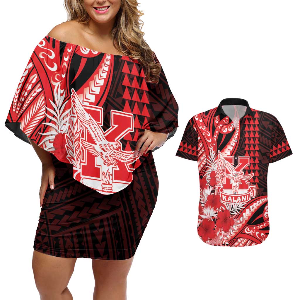 Personalised Hawaii Kalani High School Couples Matching Off Shoulder Short Dress and Hawaiian Shirt Tribal Tattoo With Hibiscus Flowers