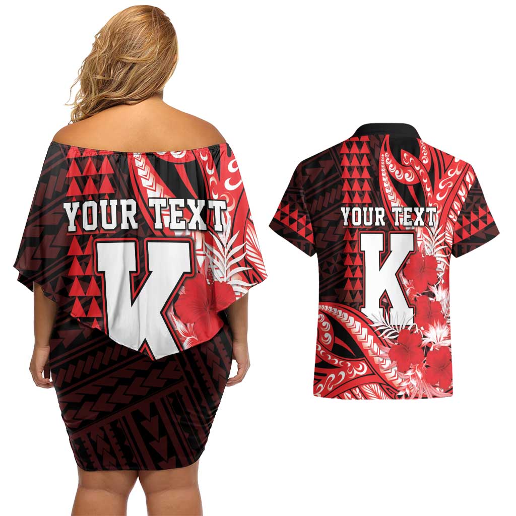 Personalised Hawaii Kalani High School Couples Matching Off Shoulder Short Dress and Hawaiian Shirt Tribal Tattoo With Hibiscus Flowers