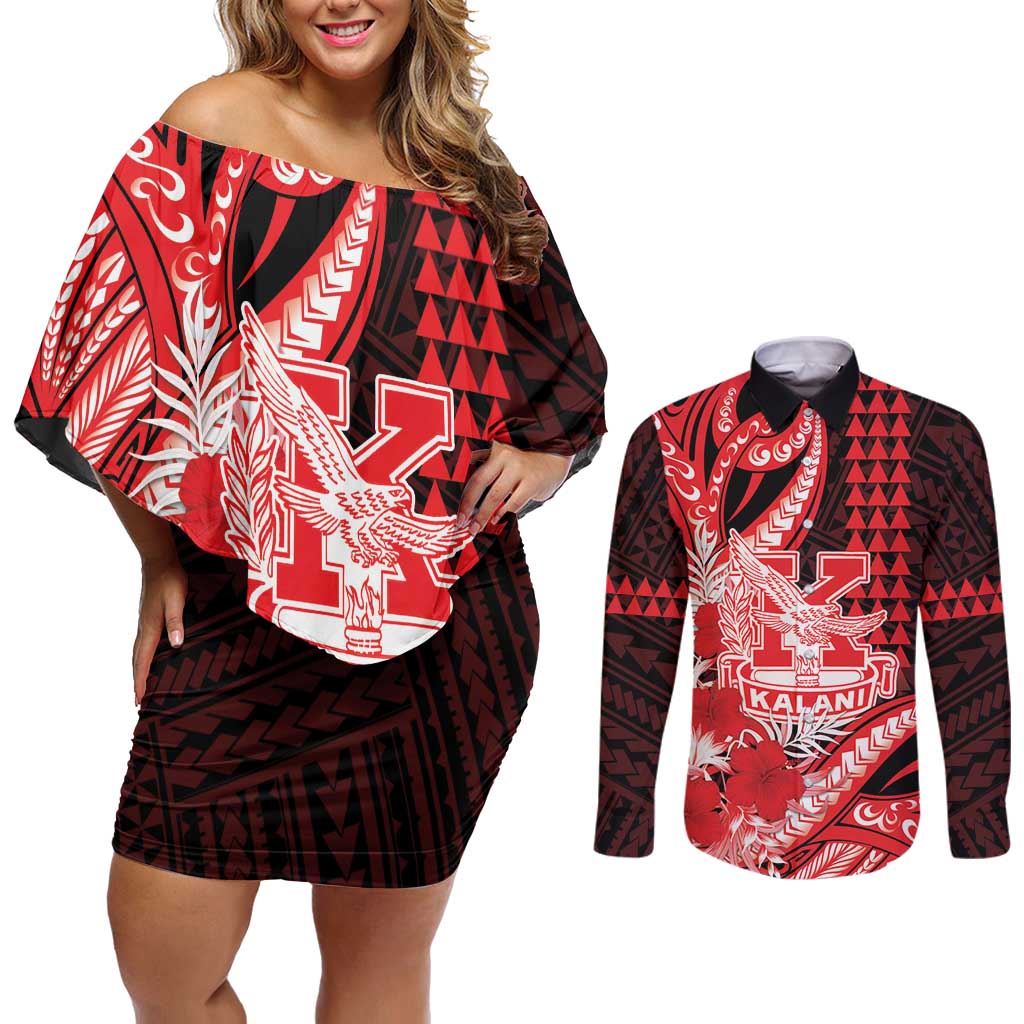 Personalised Hawaii Kalani High School Couples Matching Off Shoulder Short Dress and Long Sleeve Button Shirt Tribal Tattoo With Hibiscus Flowers