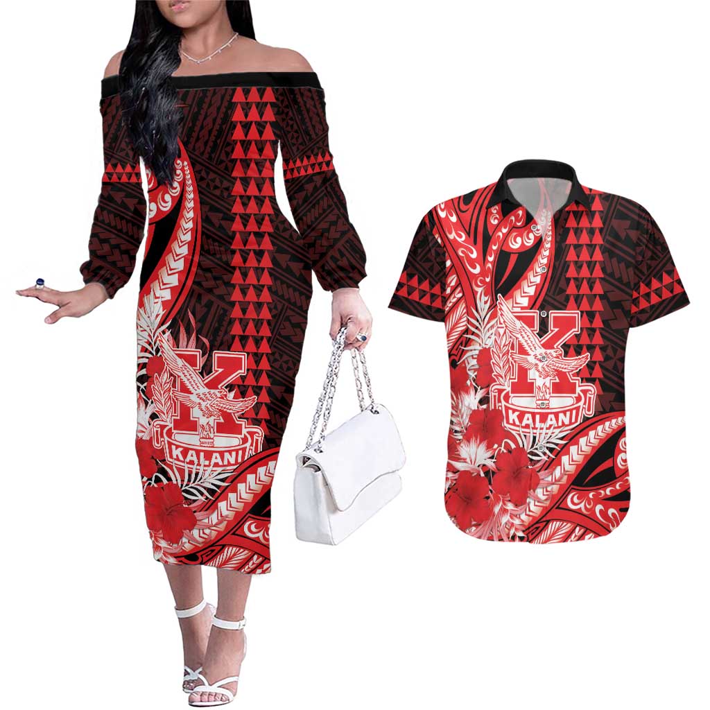Personalised Hawaii Kalani High School Couples Matching Off The Shoulder Long Sleeve Dress and Hawaiian Shirt Tribal Tattoo With Hibiscus Flowers