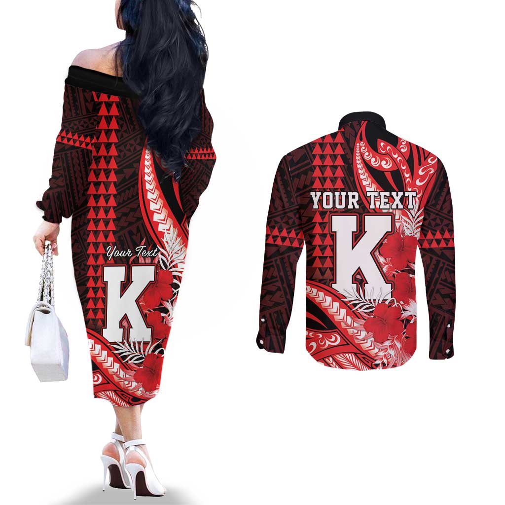 Personalised Hawaii Kalani High School Couples Matching Off The Shoulder Long Sleeve Dress and Long Sleeve Button Shirt Tribal Tattoo With Hibiscus Flowers