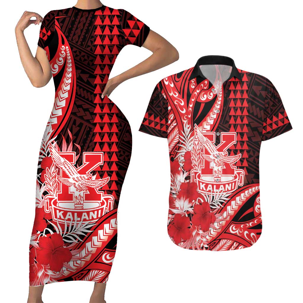 Personalised Hawaii Kalani High School Couples Matching Short Sleeve Bodycon Dress and Hawaiian Shirt Tribal Tattoo With Hibiscus Flowers