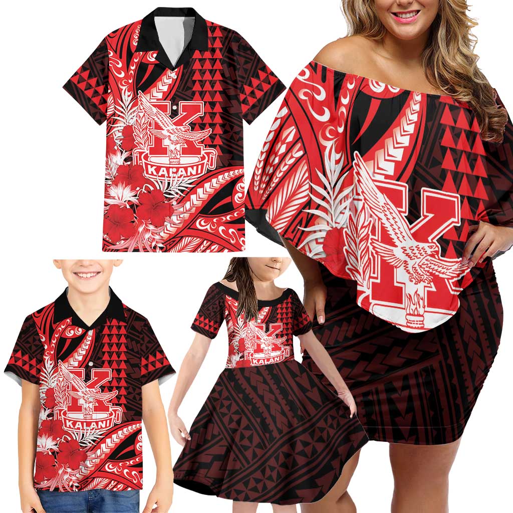 Personalised Hawaii Kalani High School Family Matching Off Shoulder Short Dress and Hawaiian Shirt Tribal Tattoo With Hibiscus Flowers LT05 - Polynesian Pride