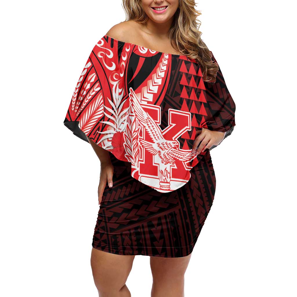 Personalised Hawaii Kalani High School Family Matching Off Shoulder Short Dress and Hawaiian Shirt Tribal Tattoo With Hibiscus Flowers