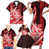 Personalised Hawaii Kalani High School Family Matching Short Sleeve Bodycon Dress and Hawaiian Shirt Tribal Tattoo With Hibiscus Flowers