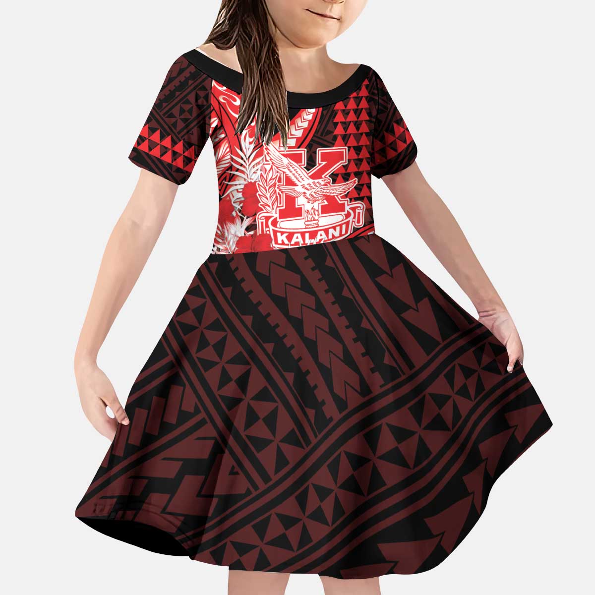 Personalised Hawaii Kalani High School Kid Short Sleeve Dress Tribal Tattoo With Hibiscus Flowers LT05 KID Red - Polynesian Pride