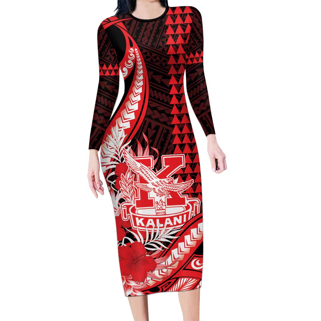 Personalised Hawaii Kalani High School Long Sleeve Bodycon Dress Tribal Tattoo With Hibiscus Flowers