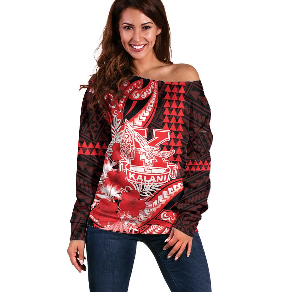 Personalised Hawaii Kalani High School Off Shoulder Sweater Tribal Tattoo With Hibiscus Flowers LT05 Women Red - Polynesian Pride