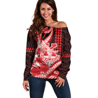 Personalised Hawaii Kalani High School Off Shoulder Sweater Tribal Tattoo With Hibiscus Flowers LT05 Women Red - Polynesian Pride