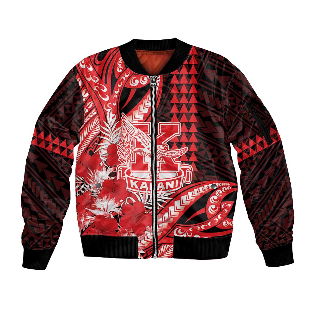 Personalised Hawaii Kalani High School Sleeve Zip Bomber Jacket Tribal Tattoo With Hibiscus Flowers LT05 Unisex Red - Polynesian Pride