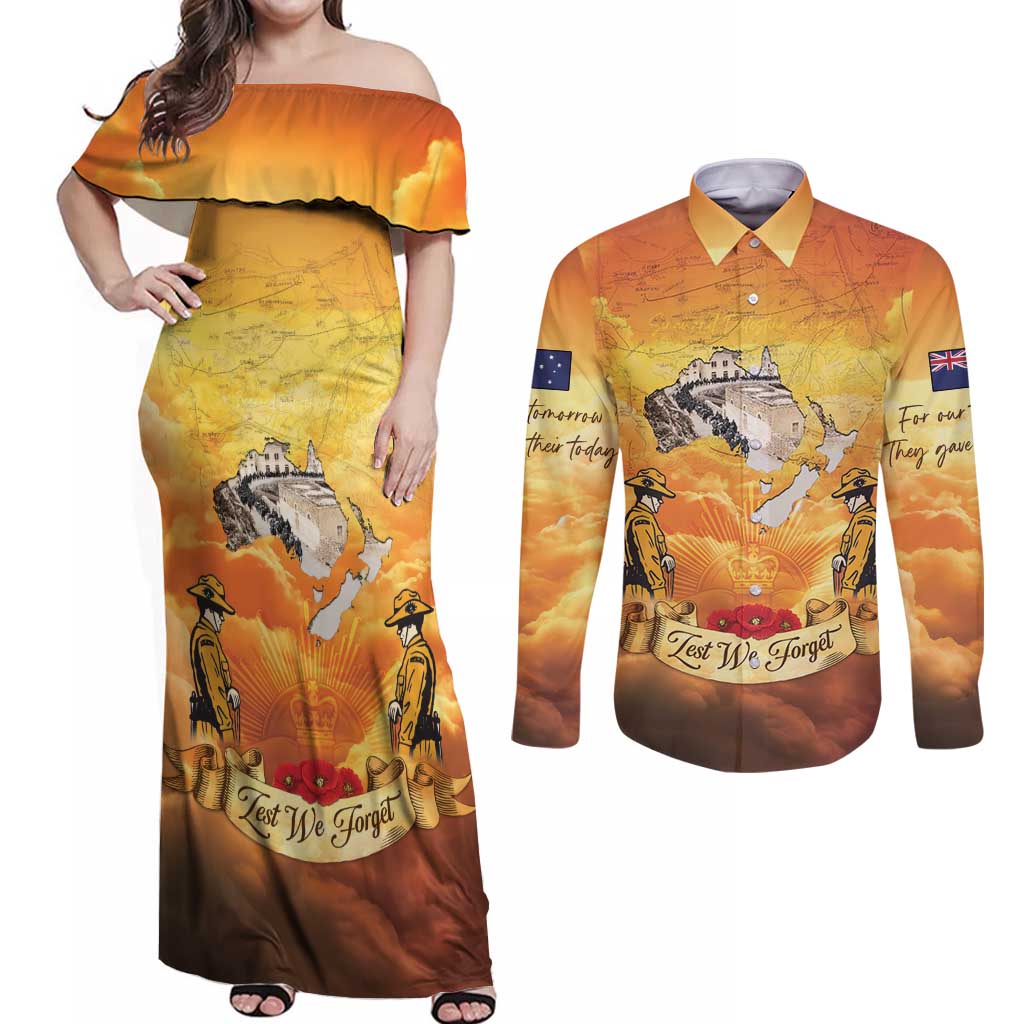 New Zealand And Australia ANZAC Day Couples Matching Off Shoulder Maxi Dress and Long Sleeve Button Shirt Sinai Palestine Campaign Lest We Forget LT05 Orange - Polynesian Pride