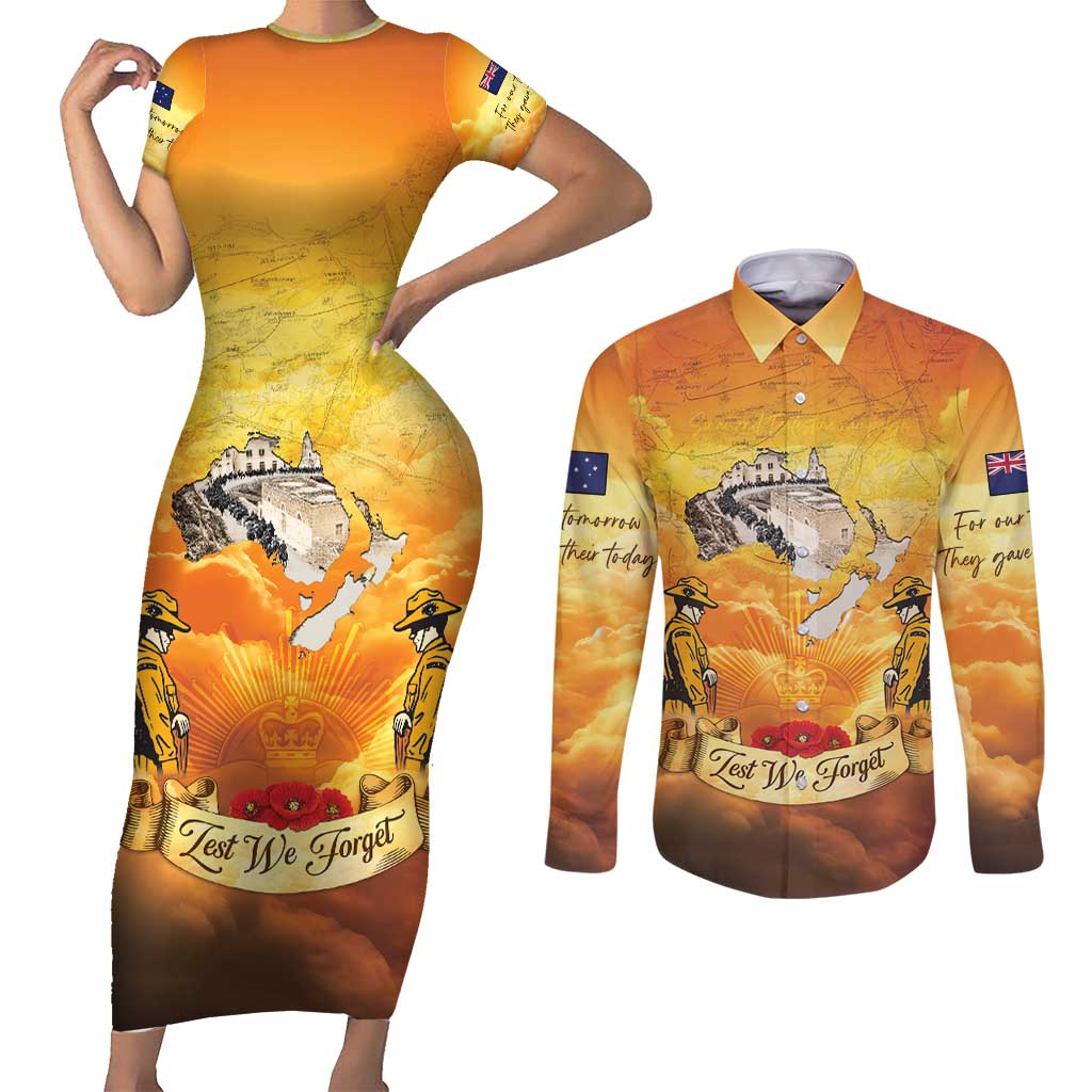 New Zealand And Australia ANZAC Day Couples Matching Short Sleeve Bodycon Dress and Long Sleeve Button Shirt Sinai Palestine Campaign Lest We Forget LT05 Orange - Polynesian Pride