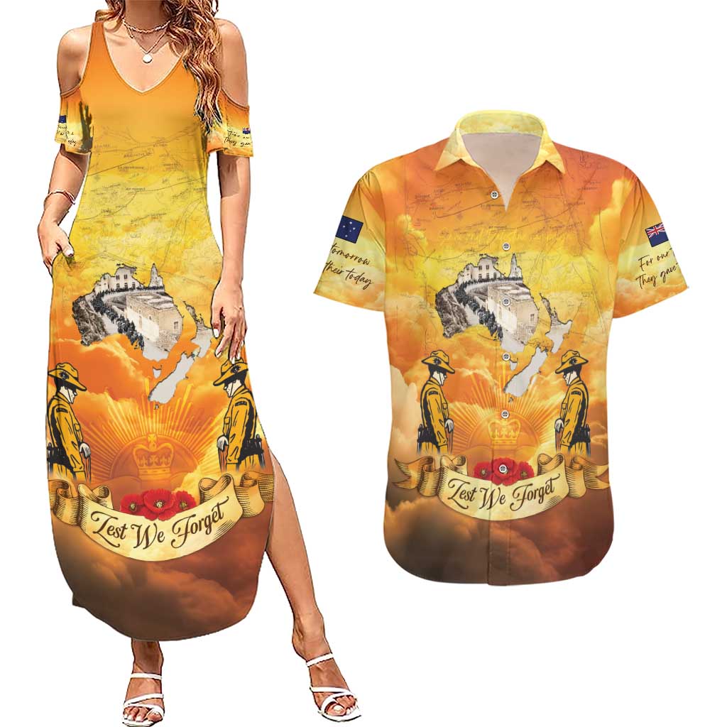 New Zealand And Australia ANZAC Day Couples Matching Summer Maxi Dress and Hawaiian Shirt Sinai Palestine Campaign Lest We Forget LT05 Orange - Polynesian Pride