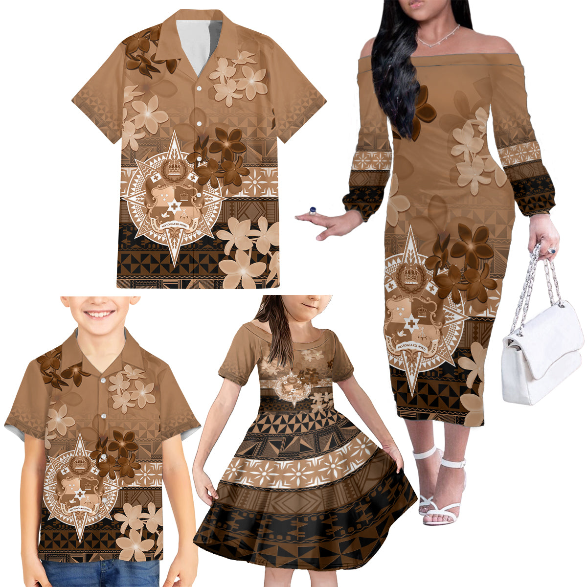 Tonga Emancipation Day Family Matching Off The Shoulder Long Sleeve Dress and Hawaiian Shirt Tongan Kupesi Ngatu Pattern Vintage Style