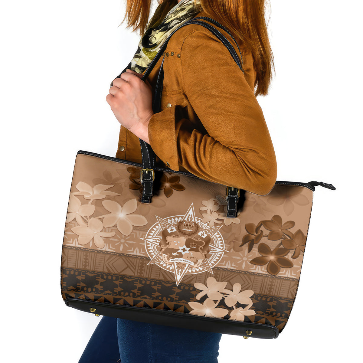 Tonga Emancipation Day Leather Tote Bag Tongan Kupesi Ngatu Pattern Vintage Style LT05 Brown - Polynesian Pride