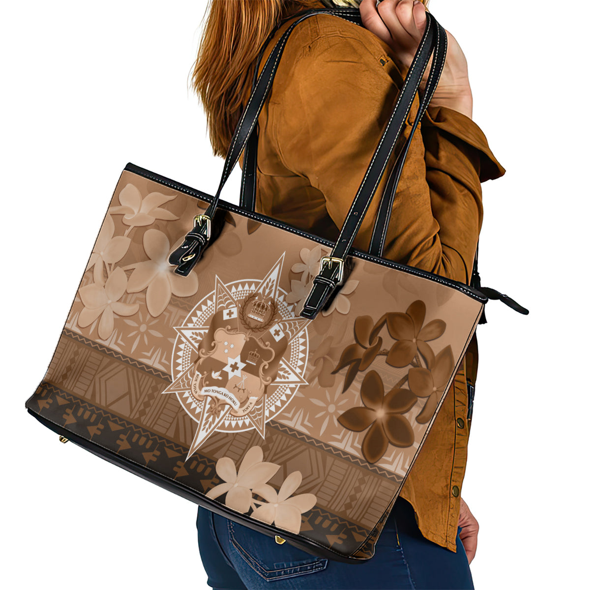 Tonga Emancipation Day Leather Tote Bag Tongan Kupesi Ngatu Pattern Vintage Style LT05 - Polynesian Pride
