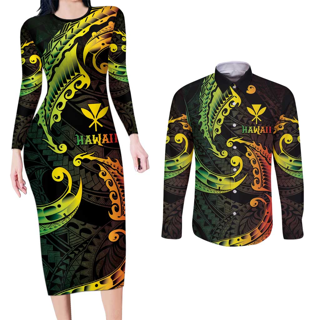 AAPI Heritage Month Couples Matching Long Sleeve Bodycon Dress and Long Sleeve Button Shirt Kanaka Maoli Polynesian Tribal Wave