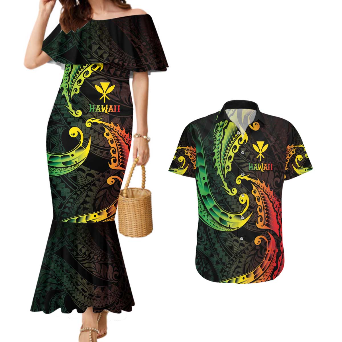 AAPI Heritage Month Couples Matching Mermaid Dress and Hawaiian Shirt Kanaka Maoli Polynesian Tribal Wave