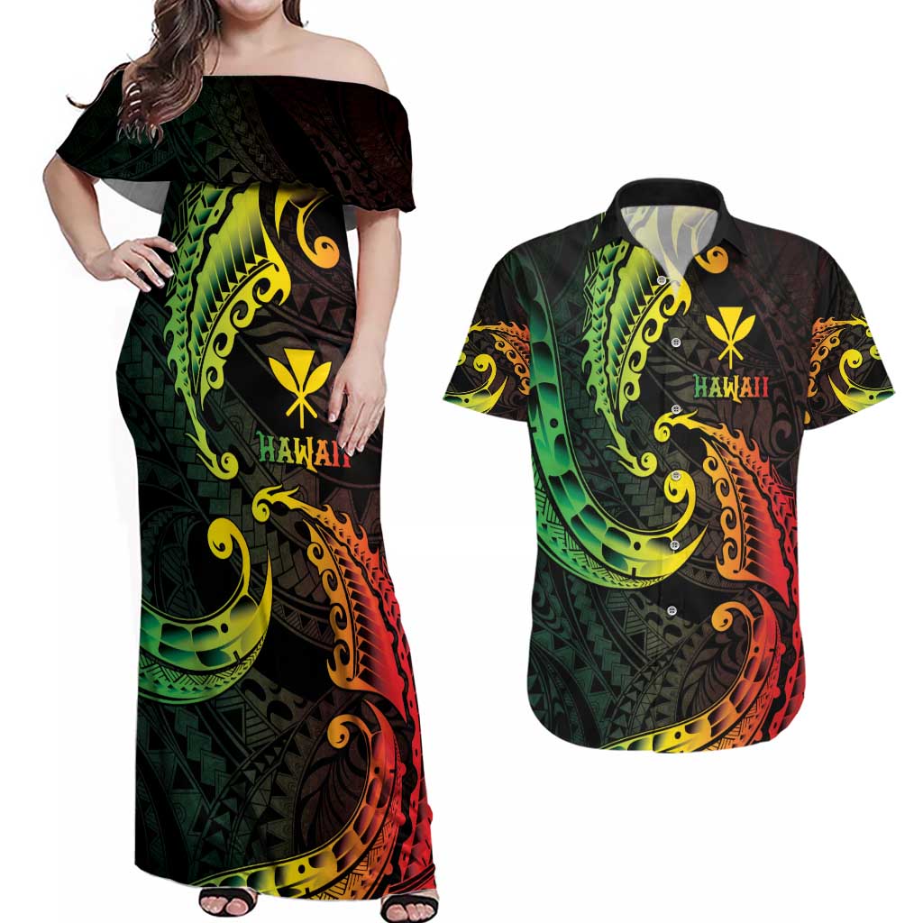 AAPI Heritage Month Couples Matching Off Shoulder Maxi Dress and Hawaiian Shirt Kanaka Maoli Polynesian Tribal Wave