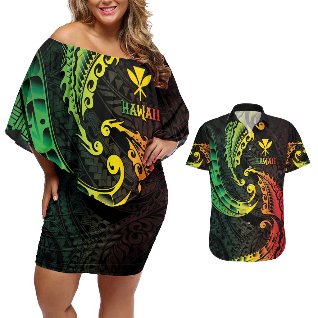 AAPI Heritage Month Couples Matching Off Shoulder Short Dress and Hawaiian Shirt Kanaka Maoli Polynesian Tribal Wave