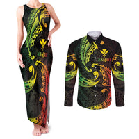 AAPI Heritage Month Couples Matching Tank Maxi Dress and Long Sleeve Button Shirt Kanaka Maoli Polynesian Tribal Wave