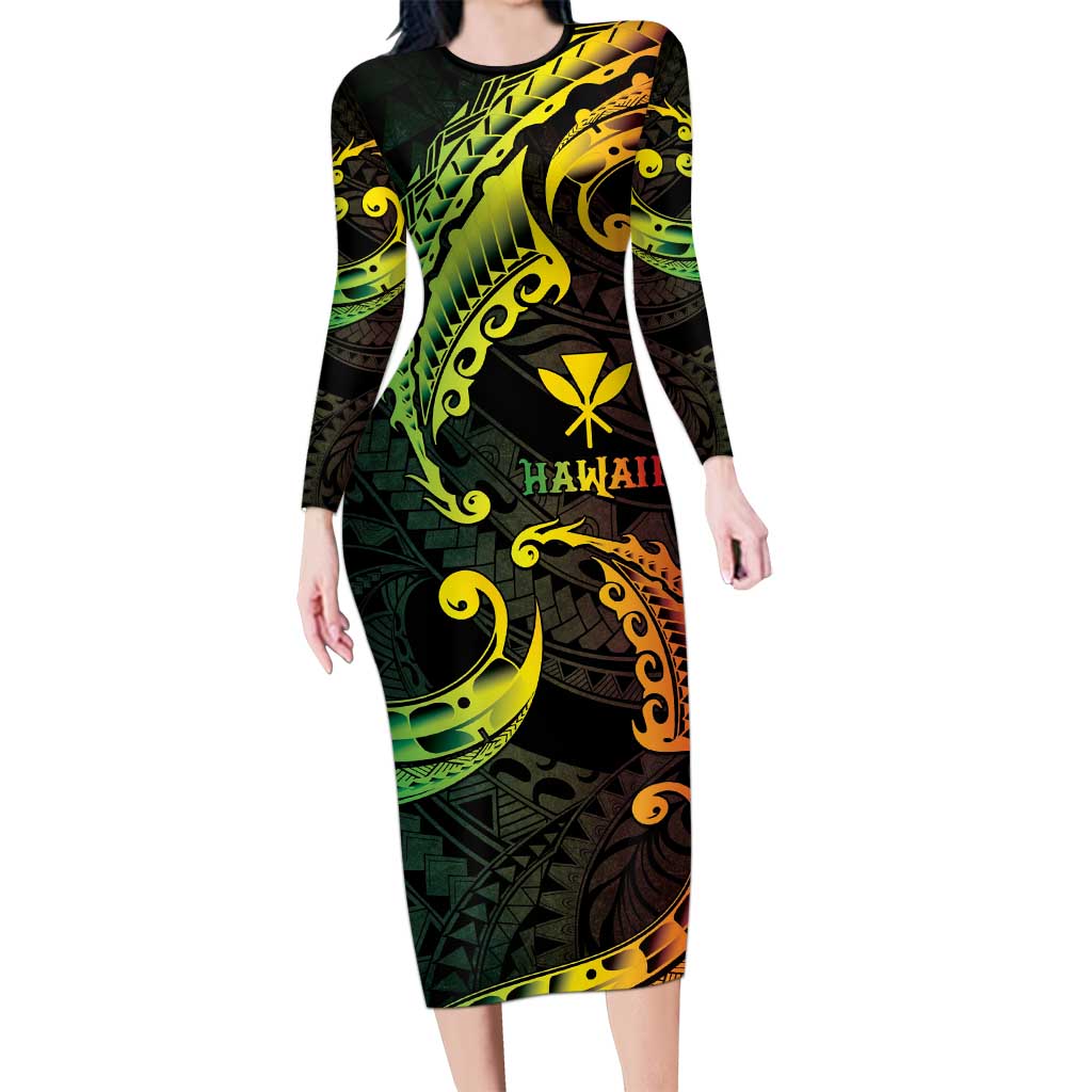 AAPI Heritage Month Family Matching Long Sleeve Bodycon Dress and Hawaiian Shirt Kanaka Maoli Polynesian Tribal Wave