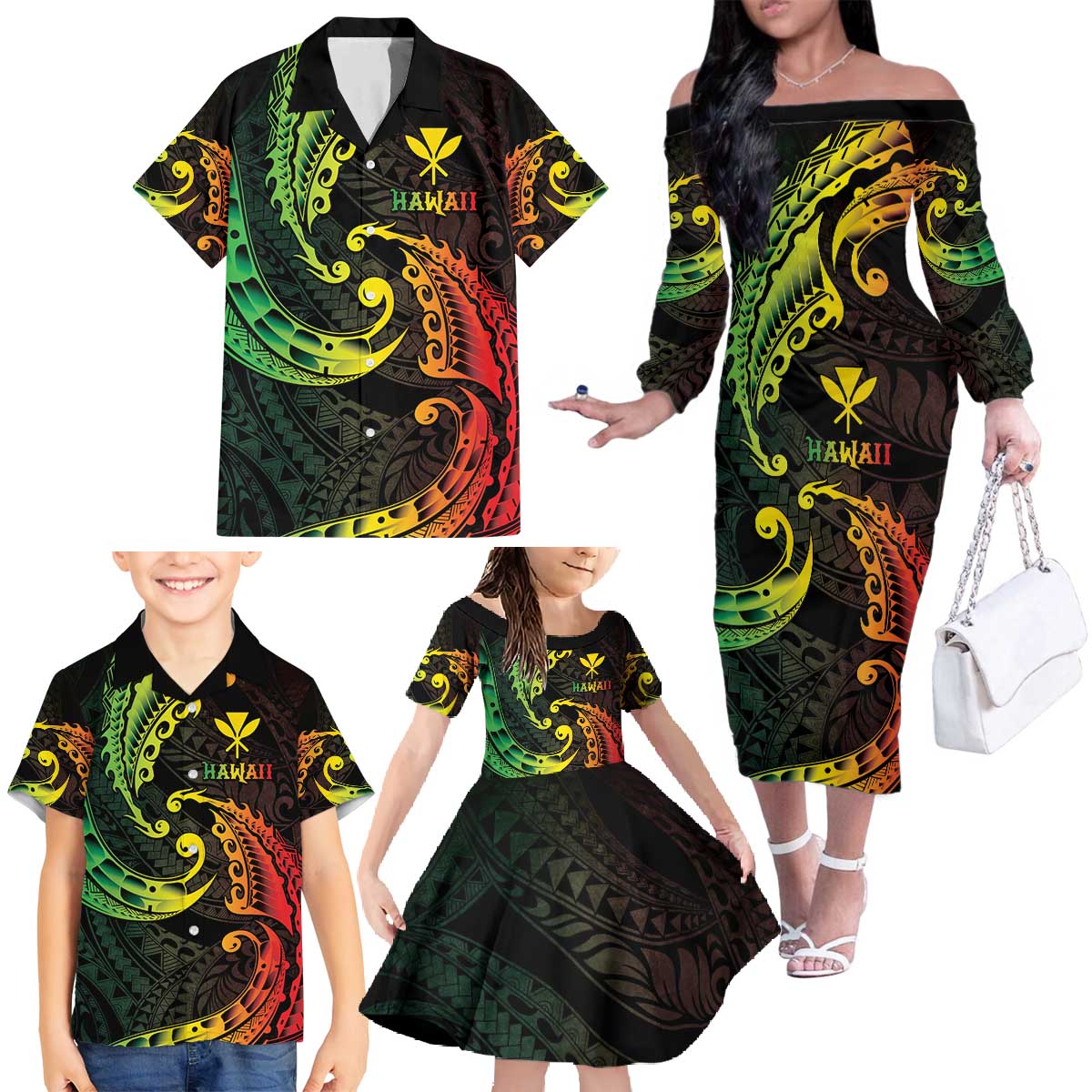 AAPI Heritage Month Family Matching Off The Shoulder Long Sleeve Dress and Hawaiian Shirt Kanaka Maoli Polynesian Tribal Wave