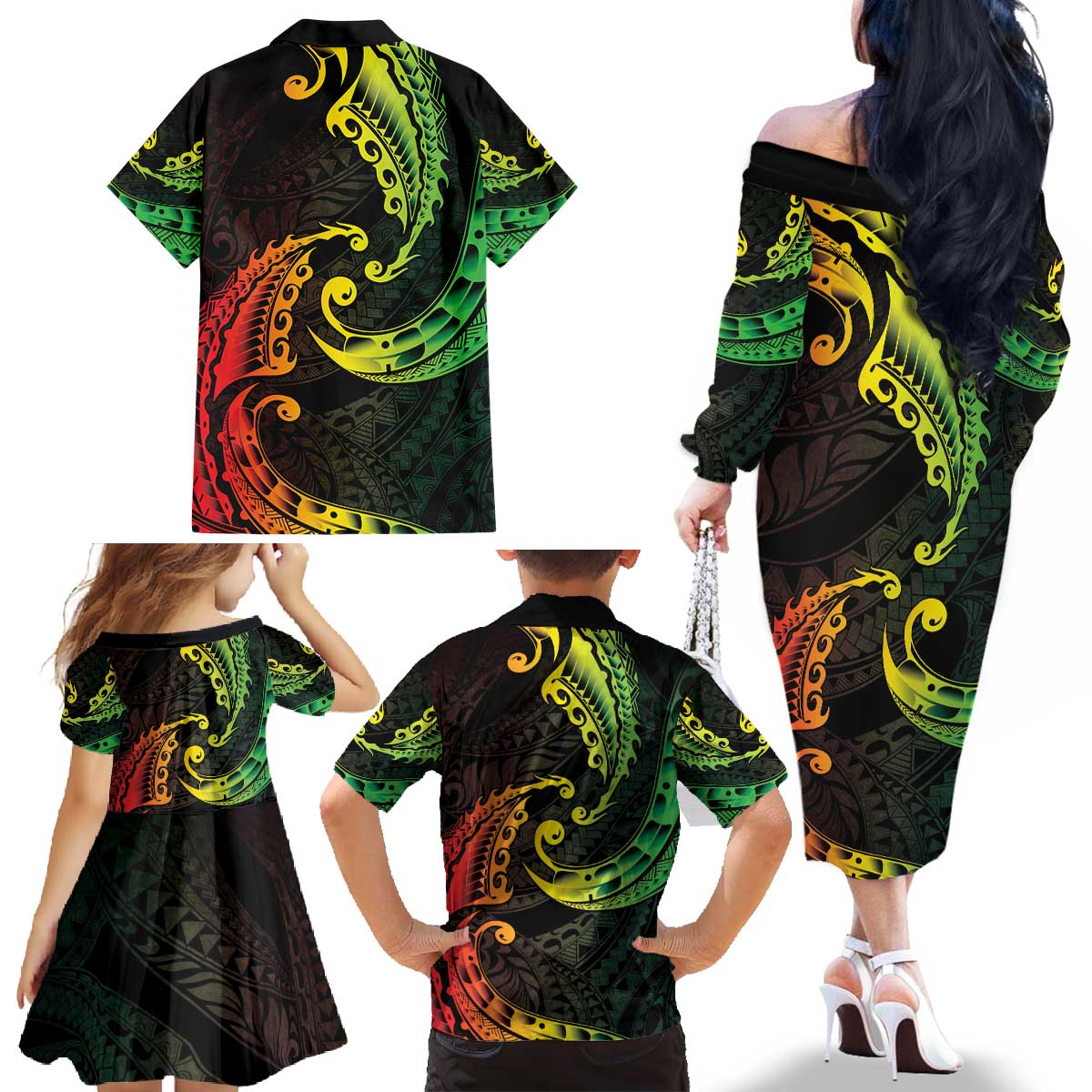 AAPI Heritage Month Family Matching Off The Shoulder Long Sleeve Dress and Hawaiian Shirt Kanaka Maoli Polynesian Tribal Wave