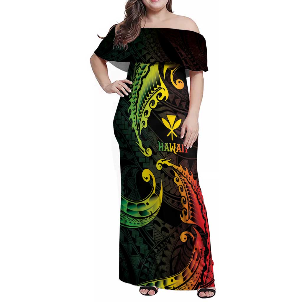 AAPI Heritage Month Family Matching Off Shoulder Maxi Dress and Hawaiian Shirt Kanaka Maoli Polynesian Tribal Wave