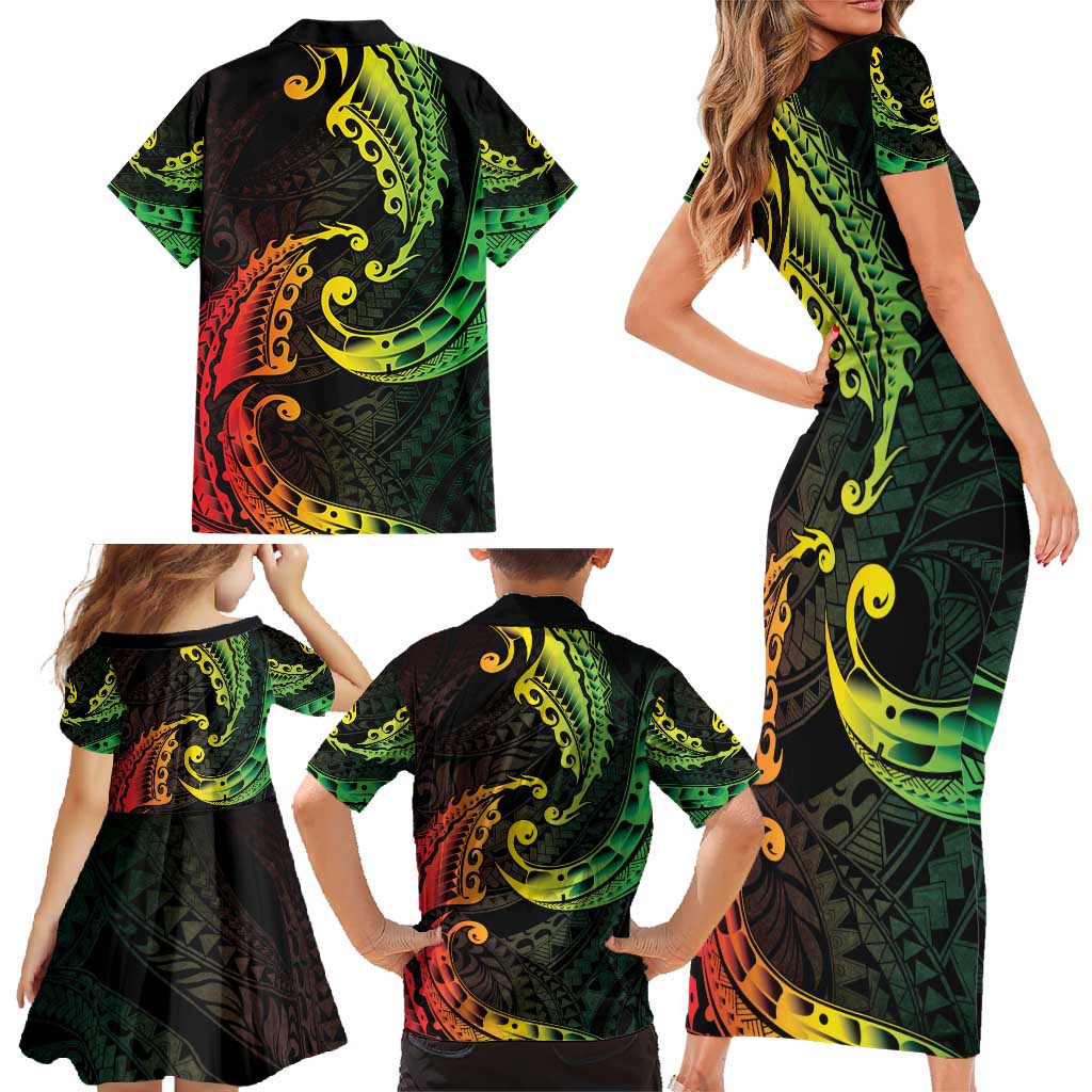 AAPI Heritage Month Family Matching Short Sleeve Bodycon Dress and Hawaiian Shirt Kanaka Maoli Polynesian Tribal Wave