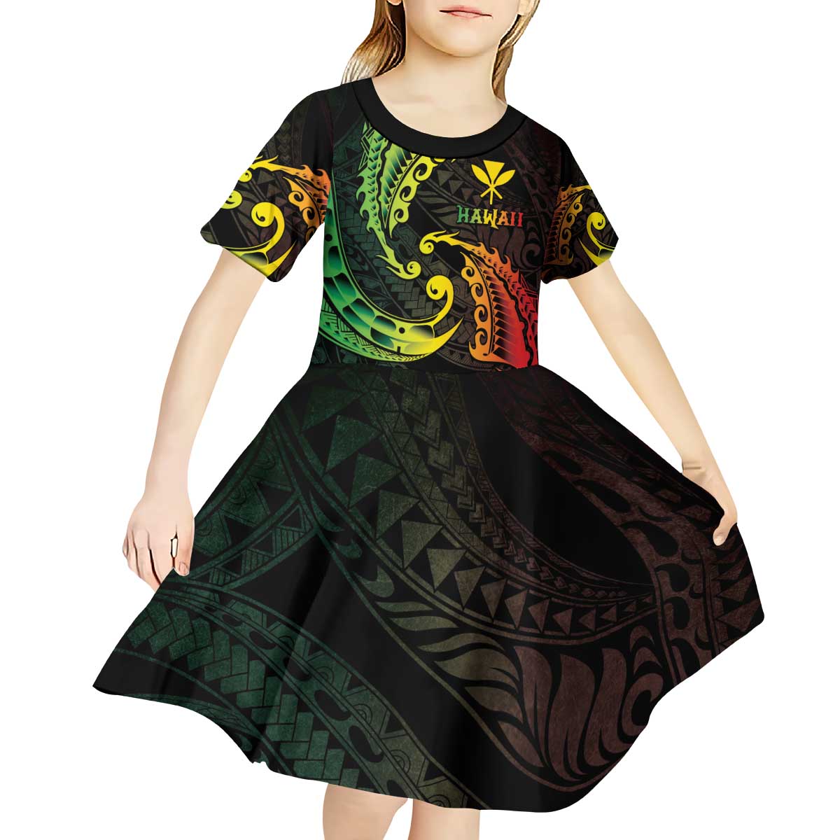 AAPI Heritage Month Kid Short Sleeve Dress Kanaka Maoli Polynesian Tribal Wave