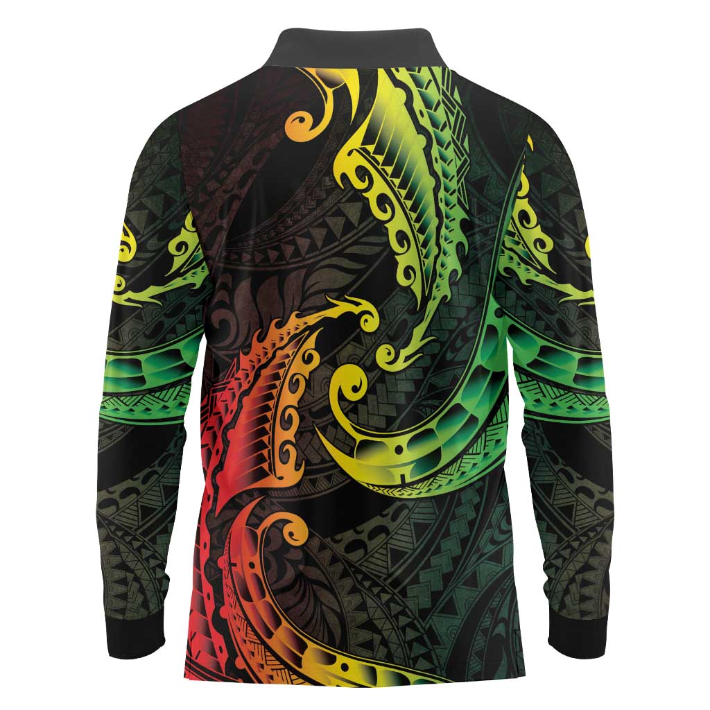 AAPI Heritage Month Long Sleeve Polo Shirt Kanaka Maoli Polynesian Tribal Wave