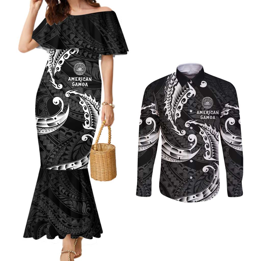 AAPI Heritage Month Couples Matching Mermaid Dress and Long Sleeve Button Shirt American Samoa Polynesian Tribal Wave