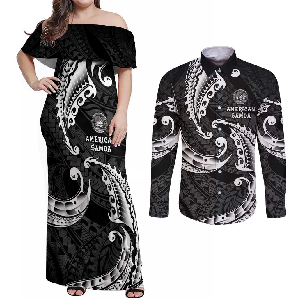 AAPI Heritage Month Couples Matching Off Shoulder Maxi Dress and Long Sleeve Button Shirt American Samoa Polynesian Tribal Wave