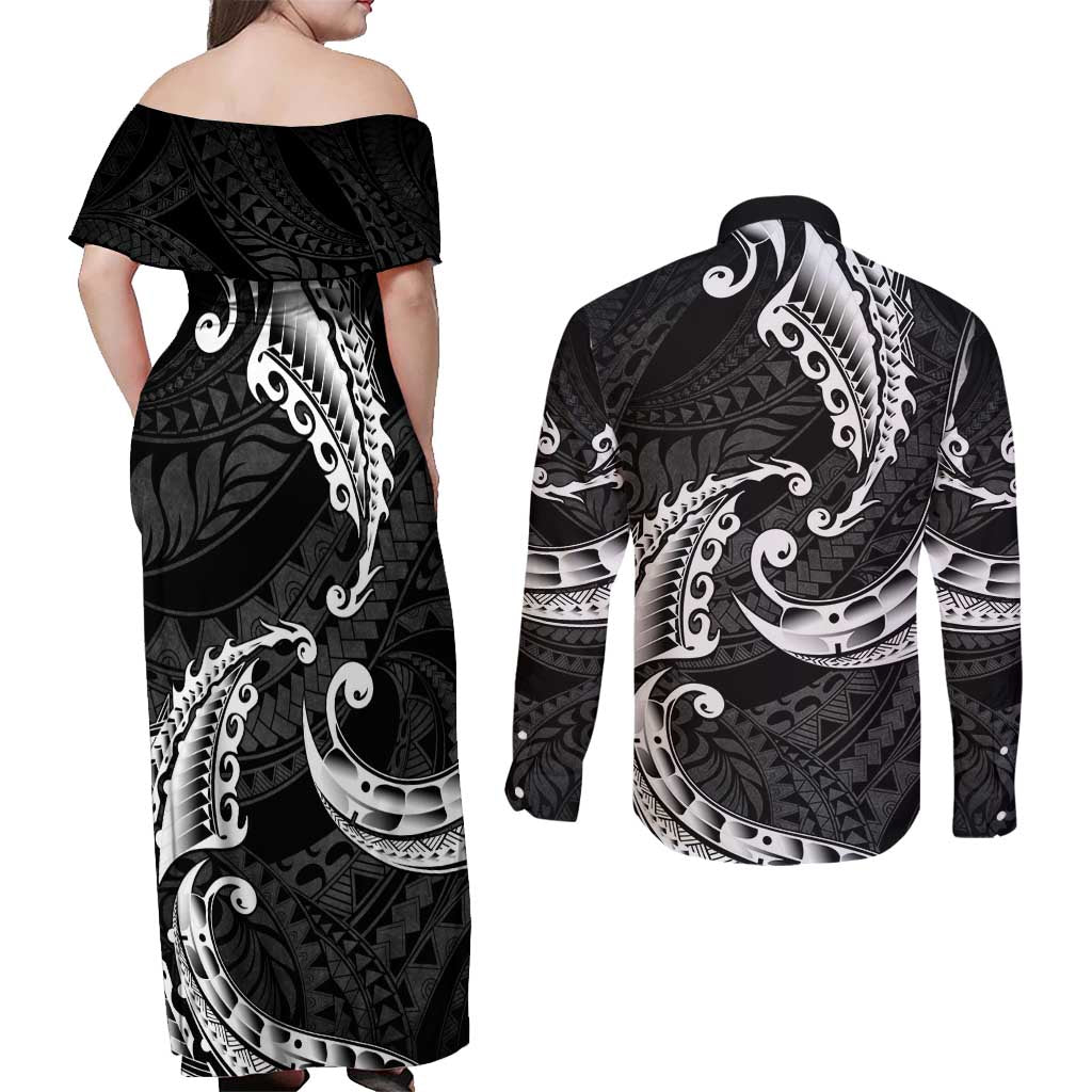 AAPI Heritage Month Couples Matching Off Shoulder Maxi Dress and Long Sleeve Button Shirt American Samoa Polynesian Tribal Wave