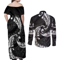 AAPI Heritage Month Couples Matching Off Shoulder Maxi Dress and Long Sleeve Button Shirt American Samoa Polynesian Tribal Wave