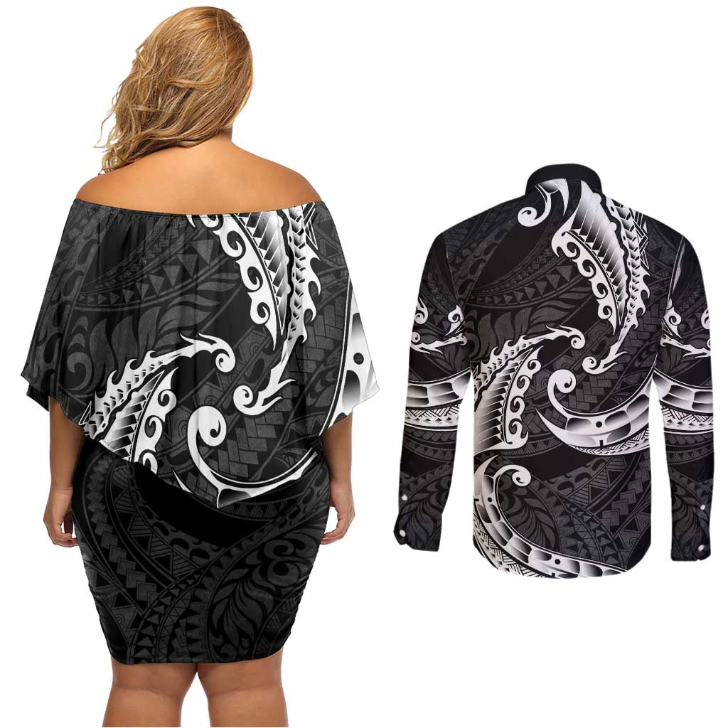 AAPI Heritage Month Couples Matching Off Shoulder Short Dress and Long Sleeve Button Shirt American Samoa Polynesian Tribal Wave
